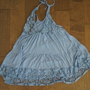 POL Halter Neck V Neck Lace Tiered Mini‎ Dress Blue Womens Size Small